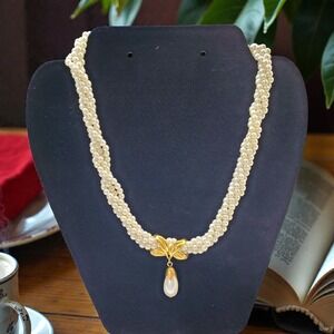 Napier Faux Pearl Twisted Necklace Gold Tone Flower Drop Pendant Vintage Jewelry